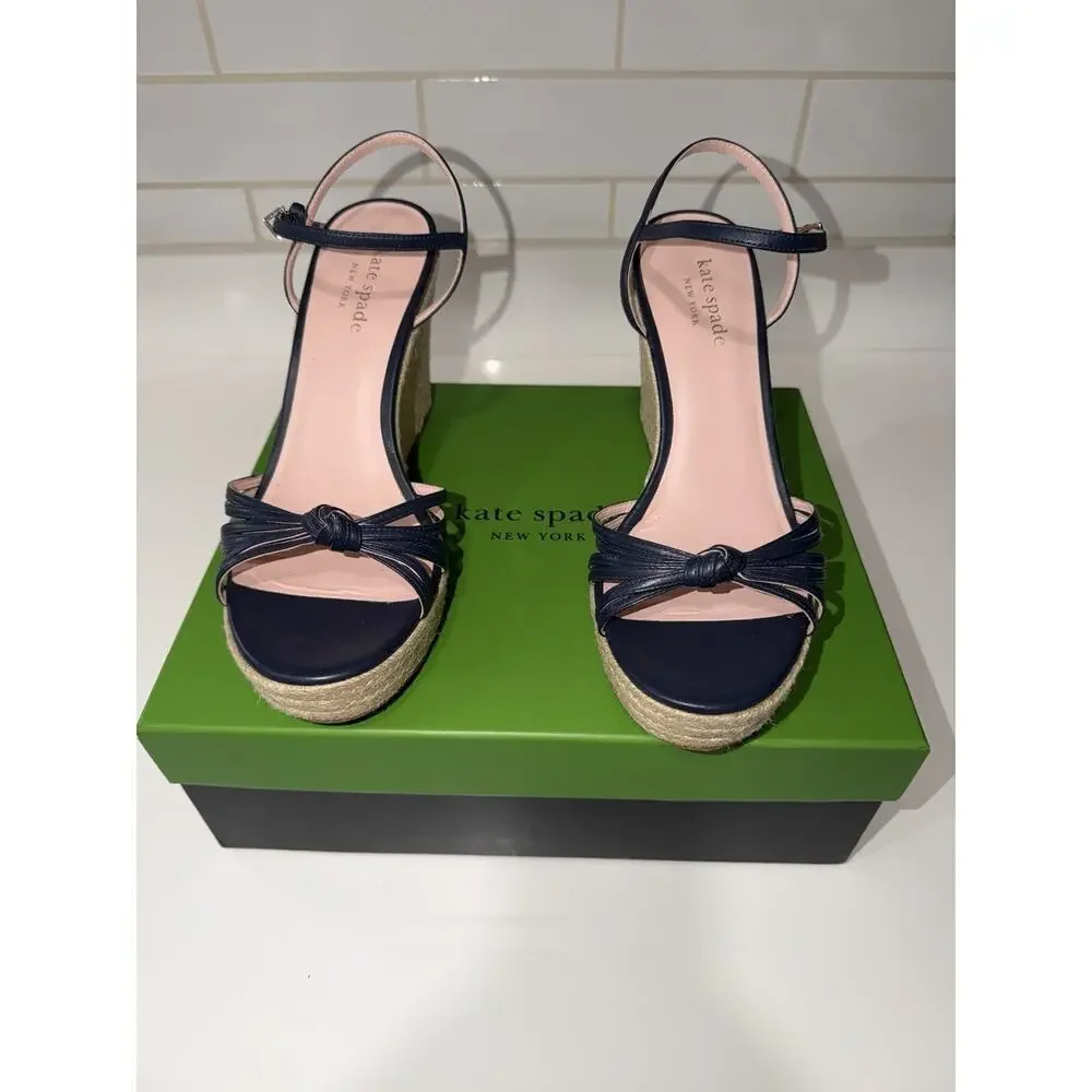 Kate Spade Tessa Navy Blue Leather Espadrille Wedge Sandals Size 11 B EUC